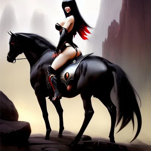 ultra detailed portrait of beautiful Vampirella Riding a black horse,wearing plate armor, extremely detailed digital painting, in the style of Earl Norem and fenghua zhong and ruan jia and jeremy lipking and peter mohrbacher, mystical colors, rim light, beautiful lighting, 8 k, stunning scene, raytracing