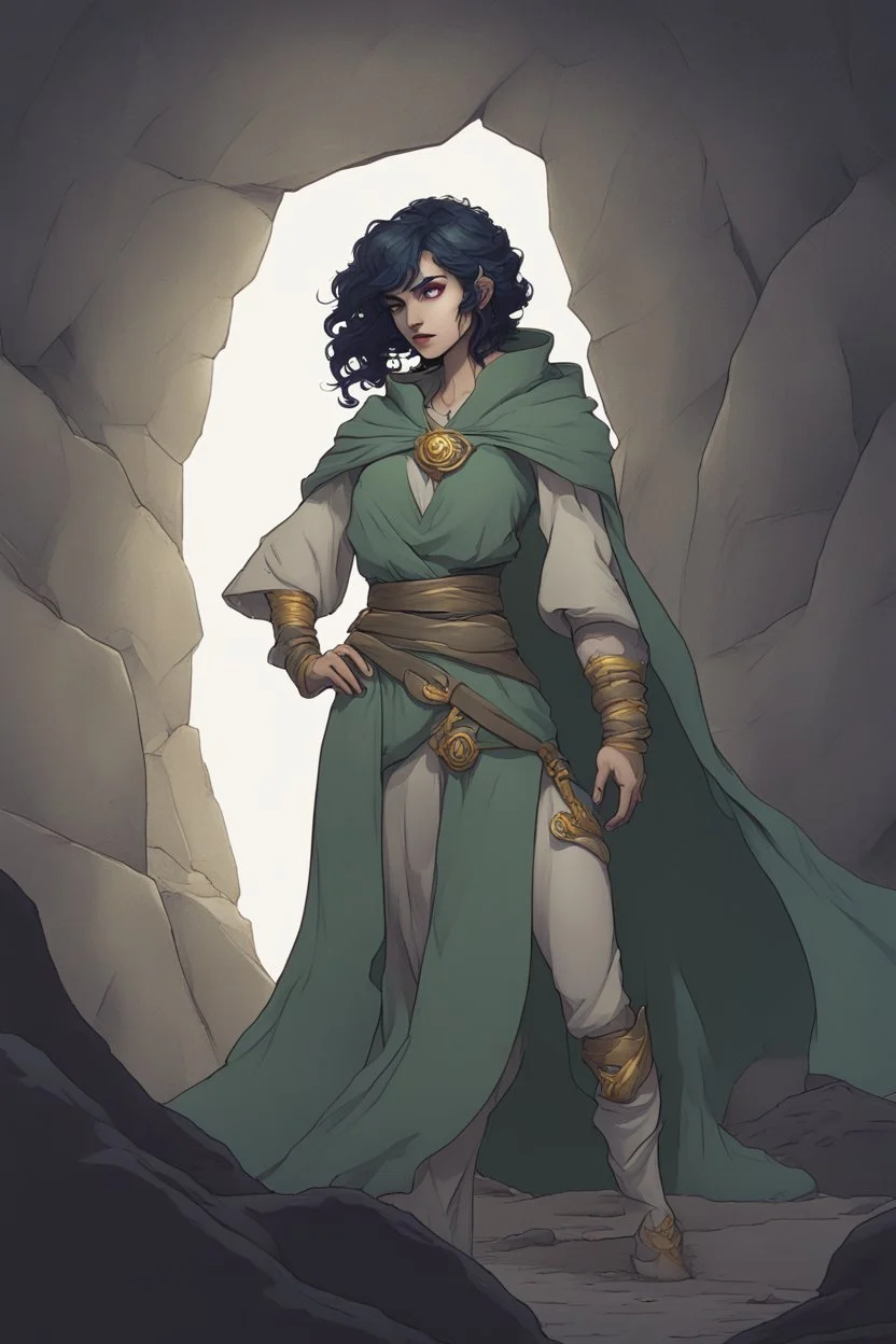 Dnd character in a dark cave. Leaning against a wall. A female Elf twilight cleric with super curly, super short, dark blue hair and golden eyes, wearing gray and dark green robes. A moon tattoo in her face. Etheral, muscular, strong.