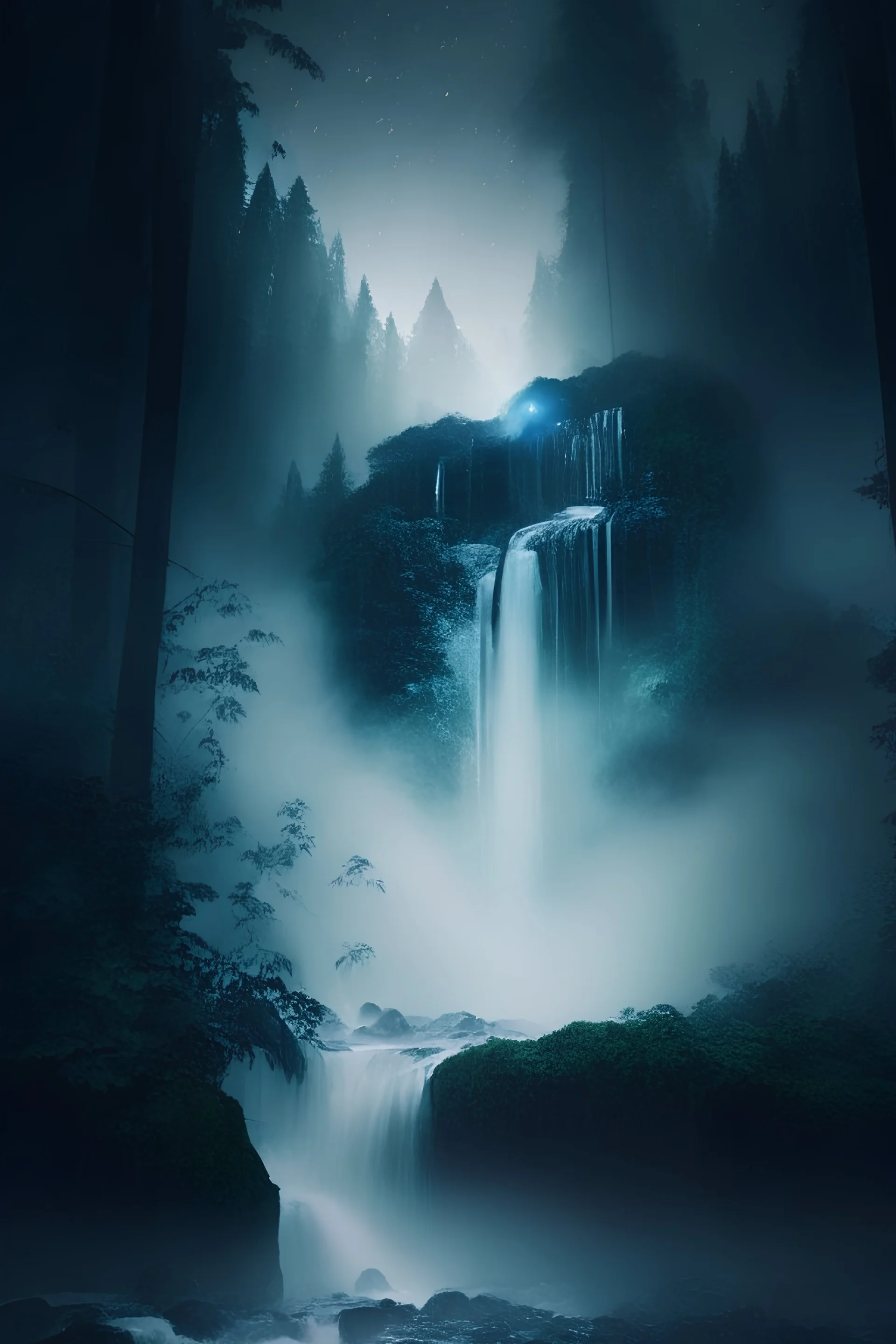 Waterfall dropping from menacing cyclops eye in the high forest at night, white fog rising