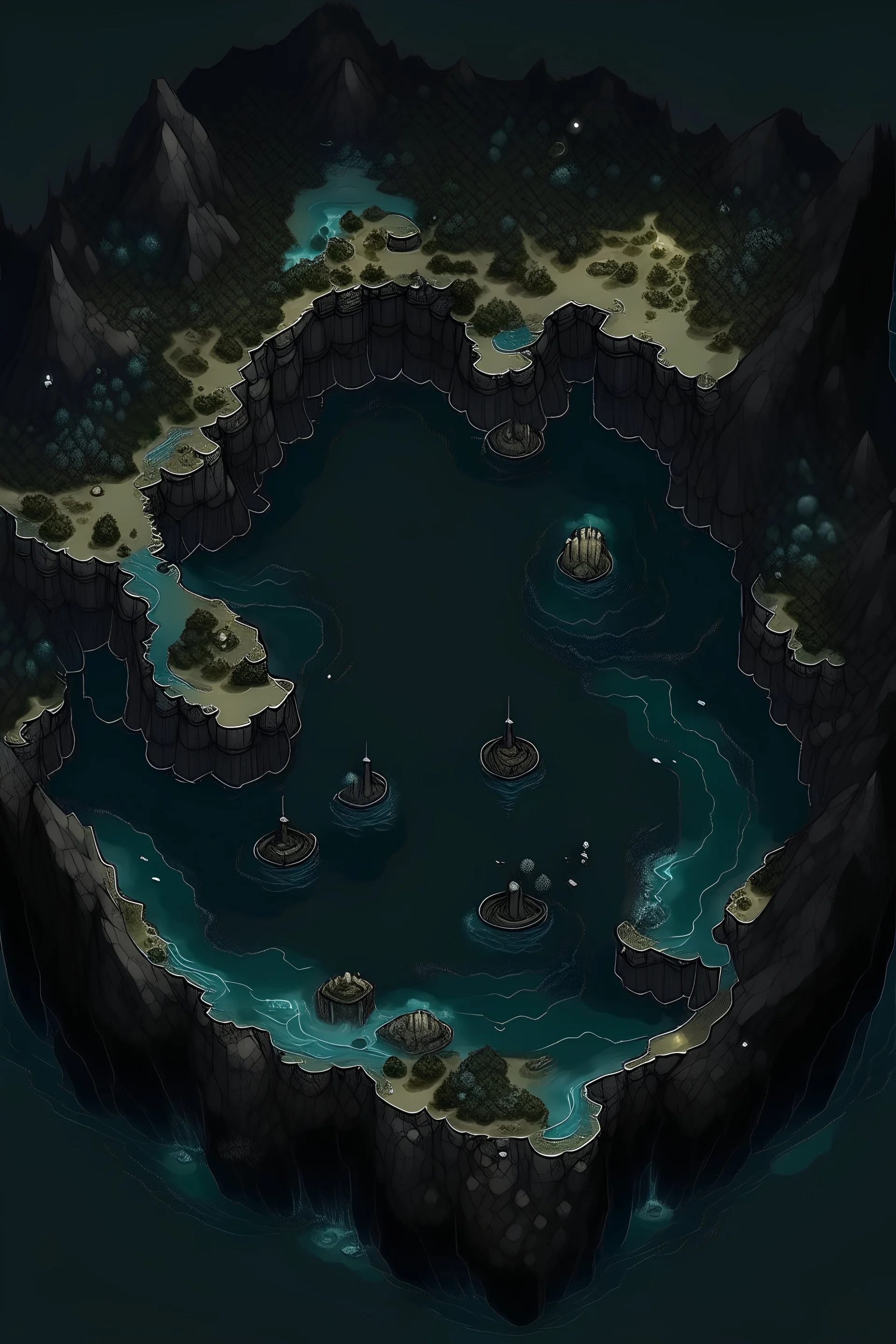 dark cave with water and islands, dnd map, topview
