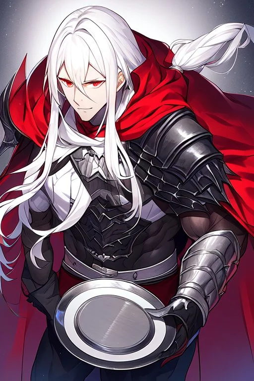 Vampire knight, muscular young man with long white hair, wearing black gothic full plate armor with red cape, cyan eyes