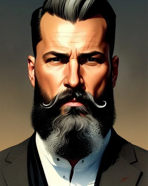 "MIddle aged white human male, with a trimmed but uneven beard, piercing eyes with slick back hair, full-scale head and shoulders portrait, 8k resolution concept art portrait by Greg Rutkowski, Artgerm, WLOP, Alphonse Mucha dynamic lighting hyperdetailed intricately detailed Splash art trending on Artstation triadic colors Unreal Engine 5 volumetric lighting Splash art fantasy"