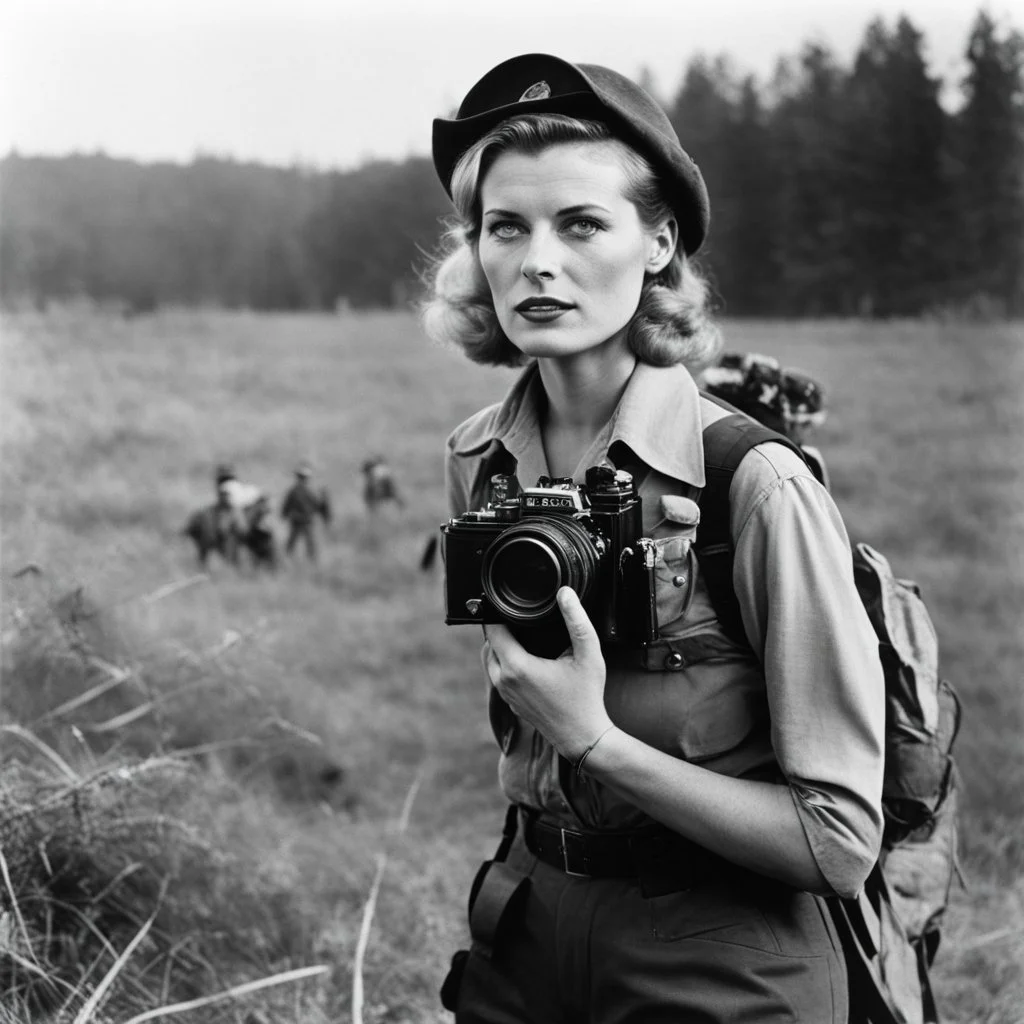 [art by Russ Meyer] Lee Miller stands with her camera in the battlefield. This war photographer is a fascinating figure indeed. She captured powerful images during World War II, showcasing the realities of conflict with a unique perspective. Her work is a testament to the courage and artistry of photojournalists in documenting history.