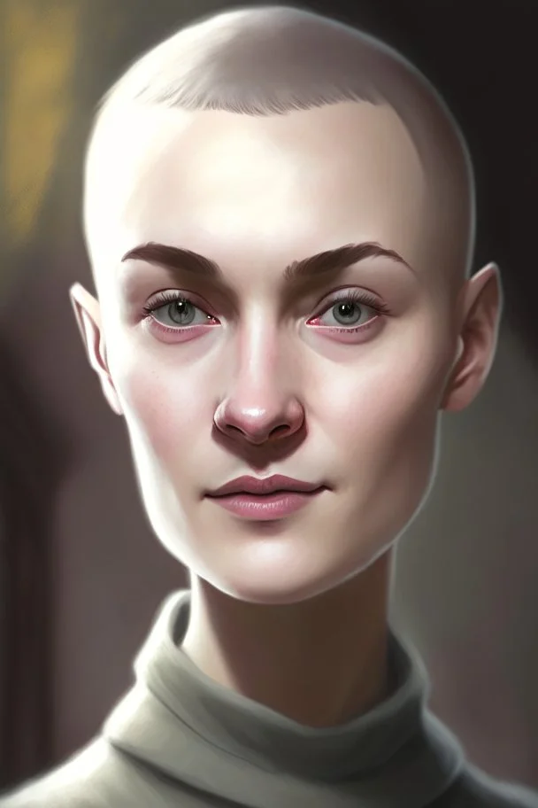 full color portrait drawing, portrait, 22-year old friendly female human cleric, shaved head, light eyebrows, grey eyes