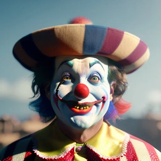 Ultra realistic circus scene. clown sweet man, waist up view, Wes Anderson style, happy, highly detailed, concept art, unreal engine 5, god rays, ray tracing, RTX, lumen lighting, ultra detail, volumetric lighting, 3d, finely drawn, high definition, high resolution.