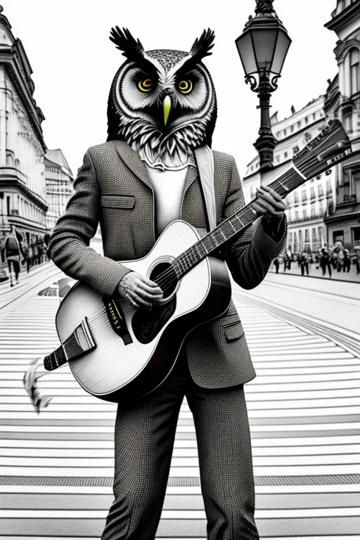 One single mature owl, playing guitar in the street , Vienna, friendly, sunny day, model style, hyper realistic, extremely accurate, delicate, extremely detailed, Graphic novel style, wide-angle, open aperture, superfine pencil