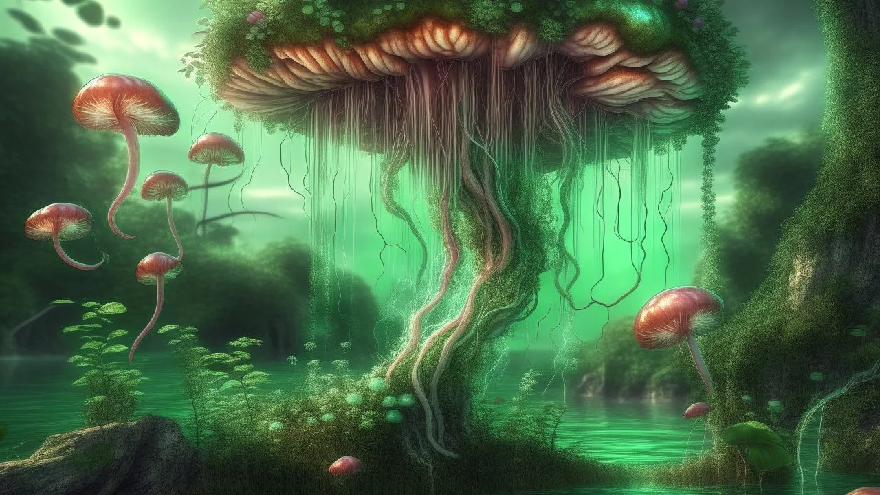 floating alien mushrooms with jellyfish tentacles, rampant foliage, and vines, next to a lake, photorealistic, Intricate Detail"