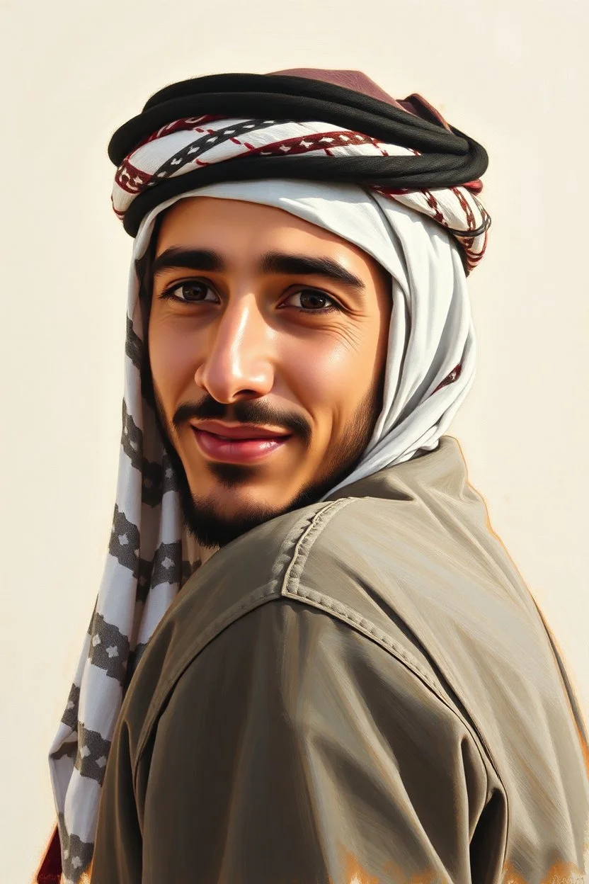 A young Palestinian man, forty years old, wearing a keffiyeh, has a beautiful face, turns his face to the right, has a slight smile, his mouth is closed and his teeth are not visible, his eyes are looking to the left, he appears to be drawn with oil paints