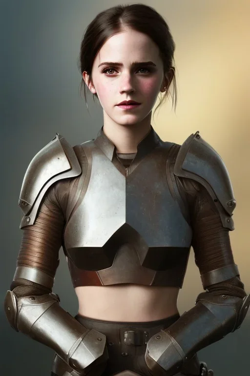 full body, emma watson identify face, leather armour , big busty , pintura, ,details,texture,8k quality, florest, Minimalism, Romanticism, Expressionism, Impressionism