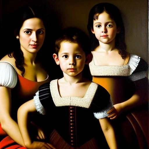 portrait of Jacobo Santiago Mozos born in 1976 and Gemma Arnau Arnau born in 1979,and daughters Eira Santiago Arnau and Dalia Santiago Arnau by Caravaggio,smiling, oil on canvas, cinematic composition, extreme detail,8k,fit full head inside picture,