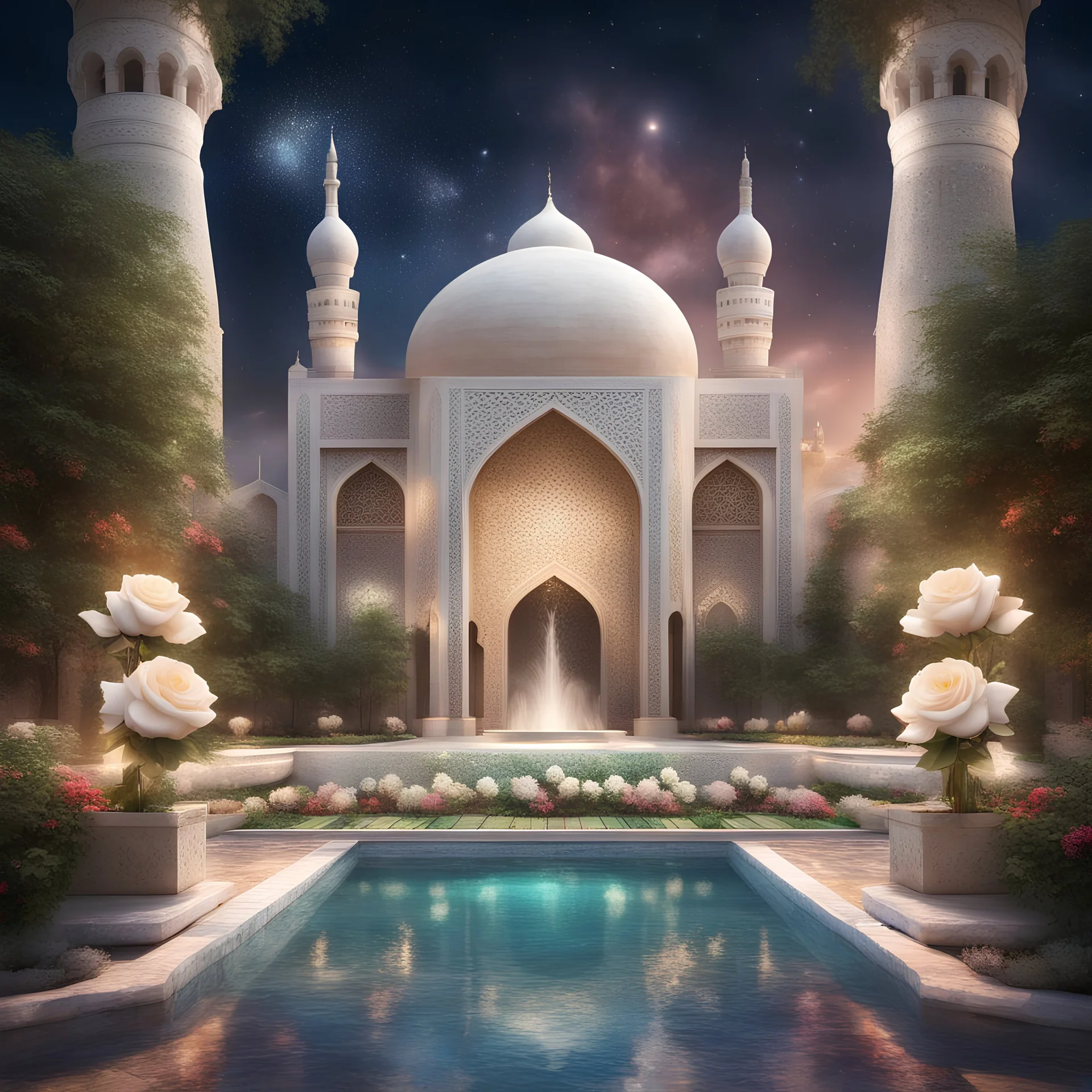 Hyper Realistic Huge multicolor rustic wall textured Mosque with beautiful fountain & white rose garden at beautiful night