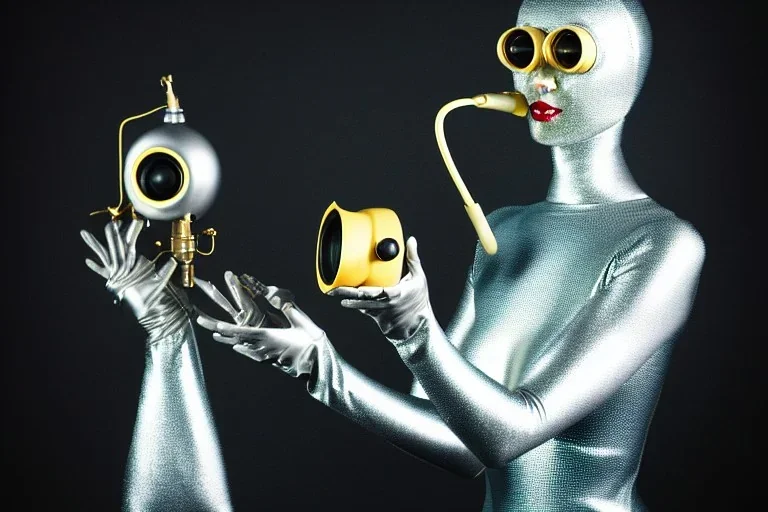 Golden to cyan surfaces body, latex. Tendril-mask-Synthesizer-proboscis. Lightly armored bodies. Metallic headphones and speakers. Alina Li. Old-fashioned cameras integrated to heads. Suture eyes. Strange Steam-punk Silver tumbler hands! Dystopia perfect body. Mind-download from 1950's computer. Partly symmetrical in relation to the computer. Perfect golden ratio in all directions. Space-corruption. Steam-machines-tubes. Oppressive atmosphere. Thick Mind-upload-cable. Propaganda