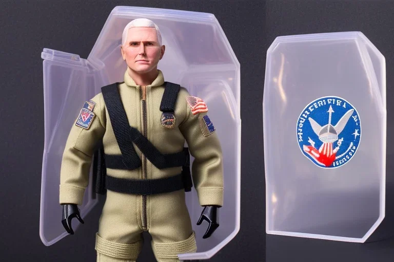 Mike pence G.i. joe toy doll space force uniform inside a clear clamshell package hanging on rack in toystore