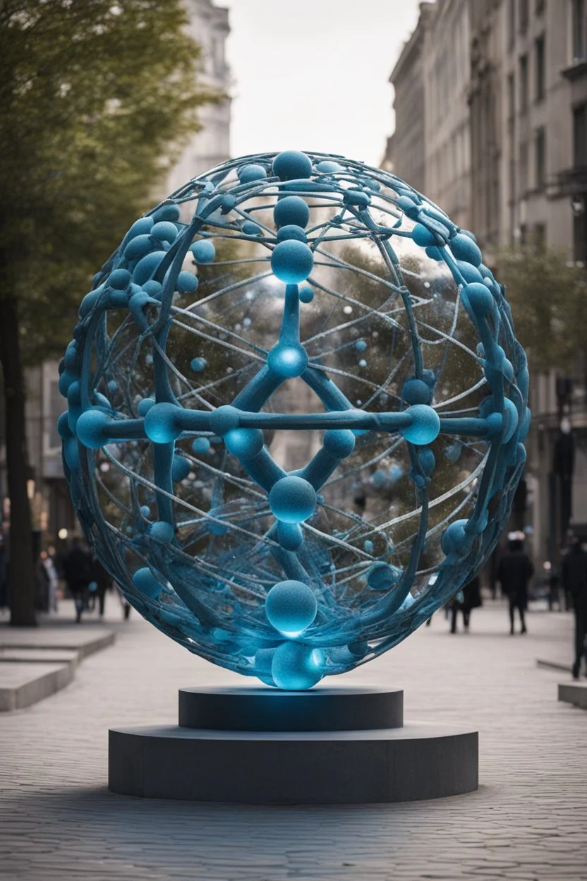 статуя на улице, Шар как атом/молекула: Сделать поверхность шара похожей на модель атома или молекулы, используя геометрические формы, светящиеся элементы или проекцию.