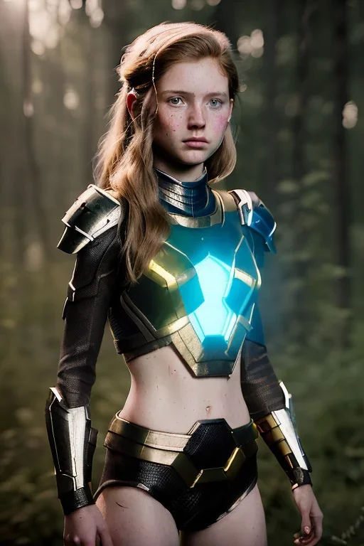 illustration, ultrarealistic, dynamic, concept art, strikingly beautiful (10 year old girl:1.2),_skimpy sci-fi armor_, Hair (long ginger:1.1), Face (freckles:1.2), body, medium breasts (light cleavage:1.2), tracing, ambient light, highres, (hyperrealistic:1.2), (perfect face:1.1), intricate (high detail:1.1) body, beautiful detailed eyes (emerald:1.3), _camera_, _pose_, plump lips ,sci-fi theme, Model hash: ddc3021b