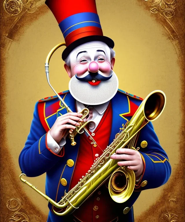 happy old friendly clown with round head and trimmed beard playing jazz with a steampunk theme, trumpet on mouth, circus, realistic