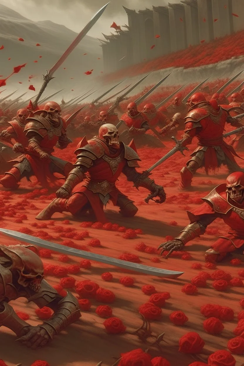 a red battle field with dead orcs