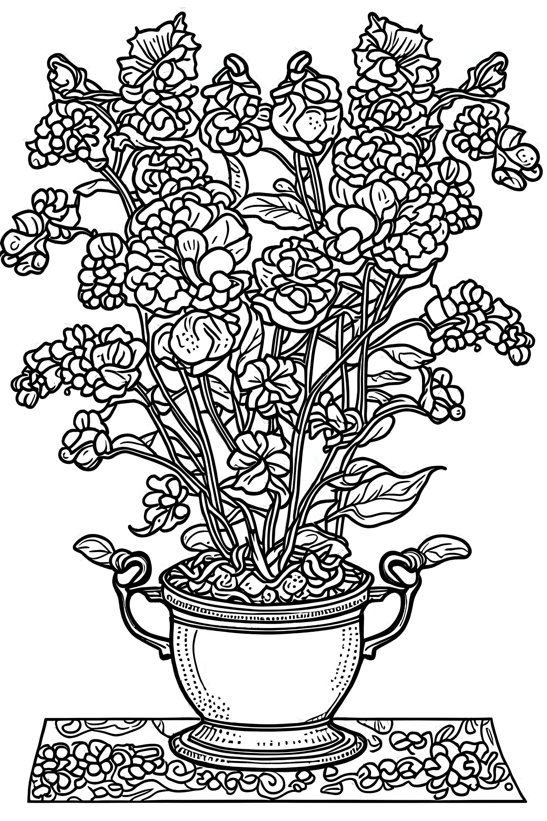 Outline art for coloring page, of beautiful Snapdragon flowers pot, a full image and perfectly centered image, thin and delicate black lines and large white blanks, white background, avoid drawings next to page borders