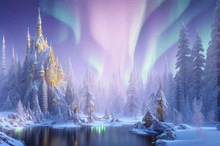  white and gold crystal castle，waterfall, winter snow flakessnow, northern Lights, full of details, smooth, bright sunshine，soft light atmosphere, light effect，vaporwave colorful, concept art, smooth, extremely sharp detail, finely tuned detail, ultra high definition, 8 k, unreal engine 5, ultra sharp focus