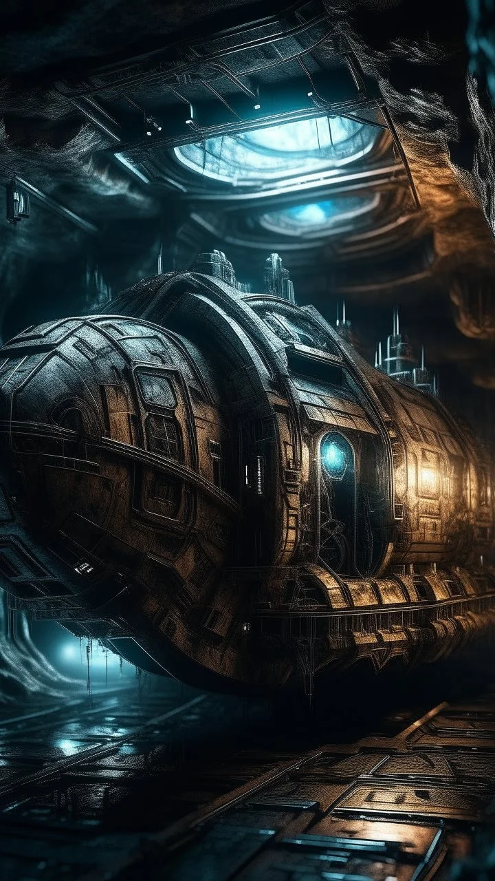 A strange Time Machine spaceship in side Si-Fi, The cave of Batman atmospheric lighting effects, intricate industrial details, moody atmosphere, eerie grimdark ambiance, complex motherboard accents, speculative fiction art. Bokeh