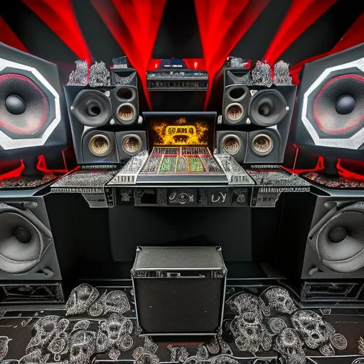 DJ of the damnded, insanely detailed DJ booth in hell, MID set, speakers and equipment made of bone, anatomically correct, add more skulls in th audience, photorealism, vray, 8k 3d, woofers in all empty eye sockets of stage equipment, wide angle, telephoto, from audience, all multicolored skulls,