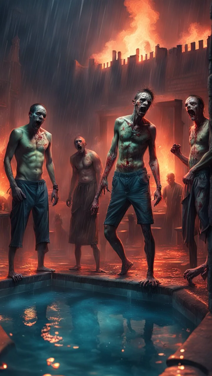 Hyper Realistic male zombie pool party at heavy rainy night inside a burning castle