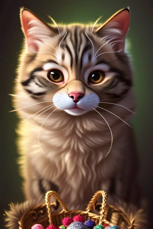 A knitted cute adorable smiling cat holding a basket of jewels and gems. His fur is realistic. The background is a romantic carpet bokeh digital painting extremely detailed studio lighting crisp quality and light reflections 8k cinematic lighting portrait photorealistic ultra detailed cinematic postprocessing focused