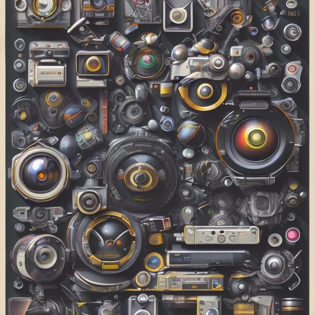 components of the camera laid out flat. poster design. high detailed. oil on canvas.