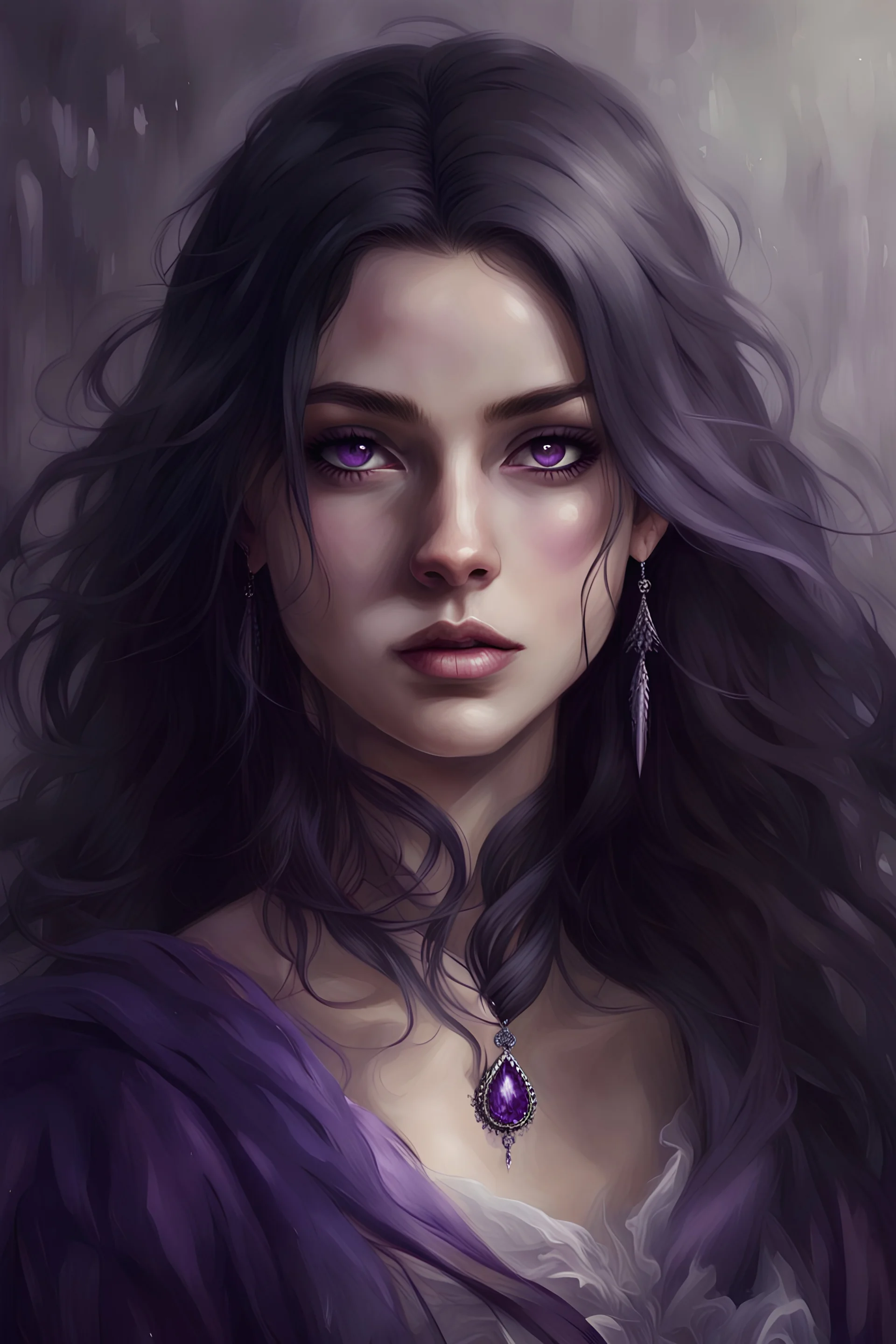 a female noble. twenty four years old. white skin. purple eyes. long black hair. beuatiful face