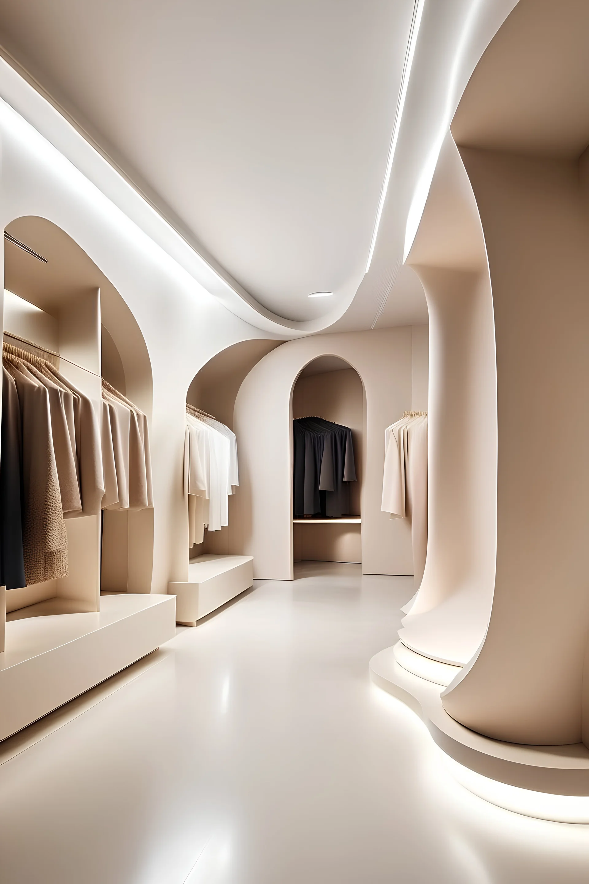 Design a Fashion Boutique store interior in a surprising and strange way using curved lines