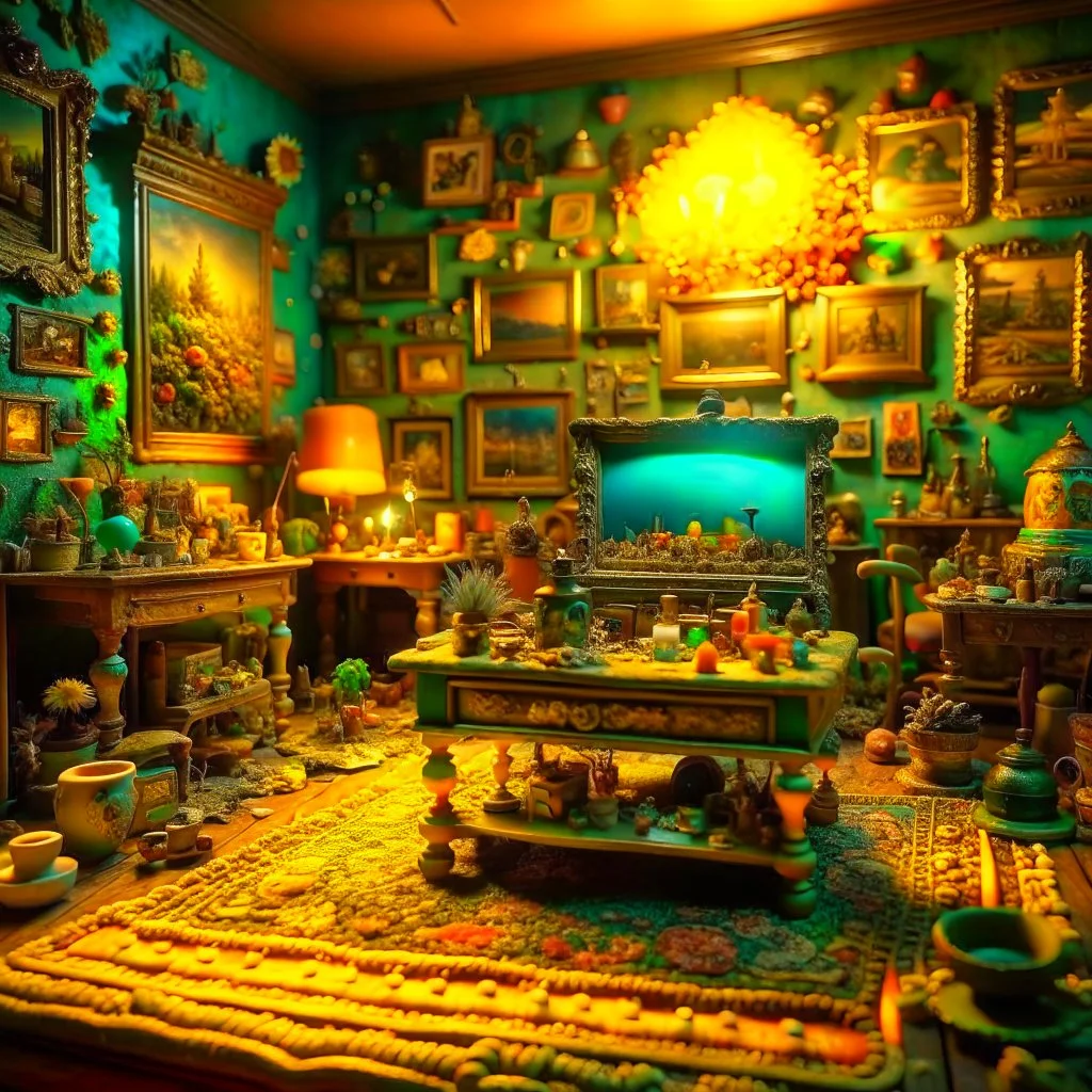 Diorama of old stuff in a room, sharp focus, 8k, 3d, very detailed, volumetric light, grim, fine art, very colorful, ornate, 35mm, F/2.8, insanely detailed and intricate, hypermaximalist, super detailed, decadent