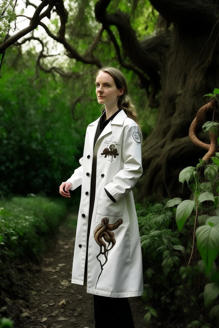 eve in the garden of Eden wearing a lab coat