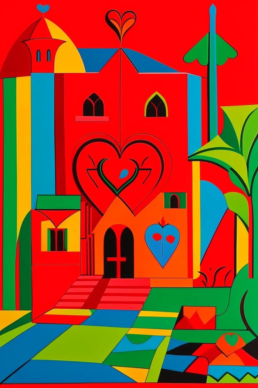 An orangish red monastery with a healing heart painted by Stuart Davis