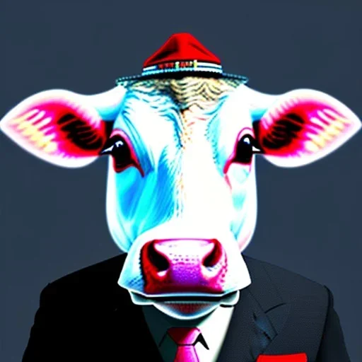 A cow wearing a suit and tie