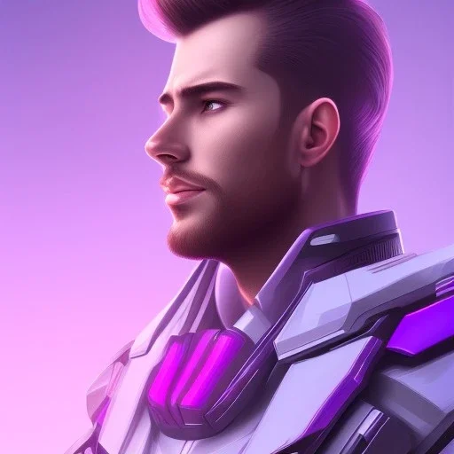 Handsome guy face, Sci-fi character, purple backlight, pink and purple, scifi suit, profile, purple background