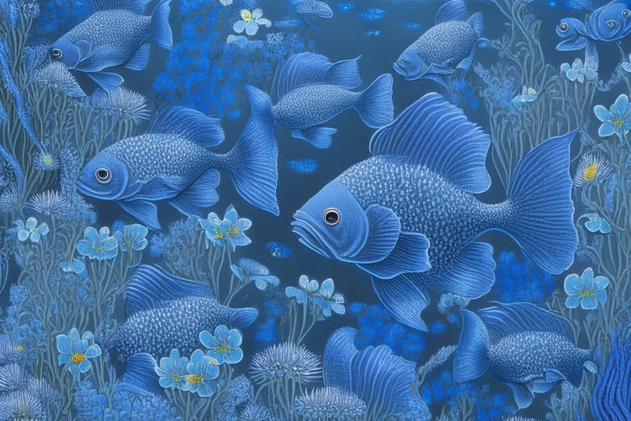 fish swimming in a garden of blue flowers, dark blue, detailed photo