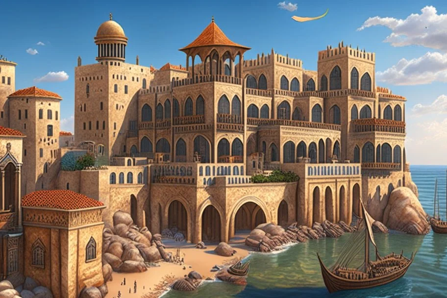 image taken of jaffa, by the sea shore, old stunning buildings, 4k, masterpice, award wining picture, realistic, higly detailed, in style of city of numemor from lord of the rings,