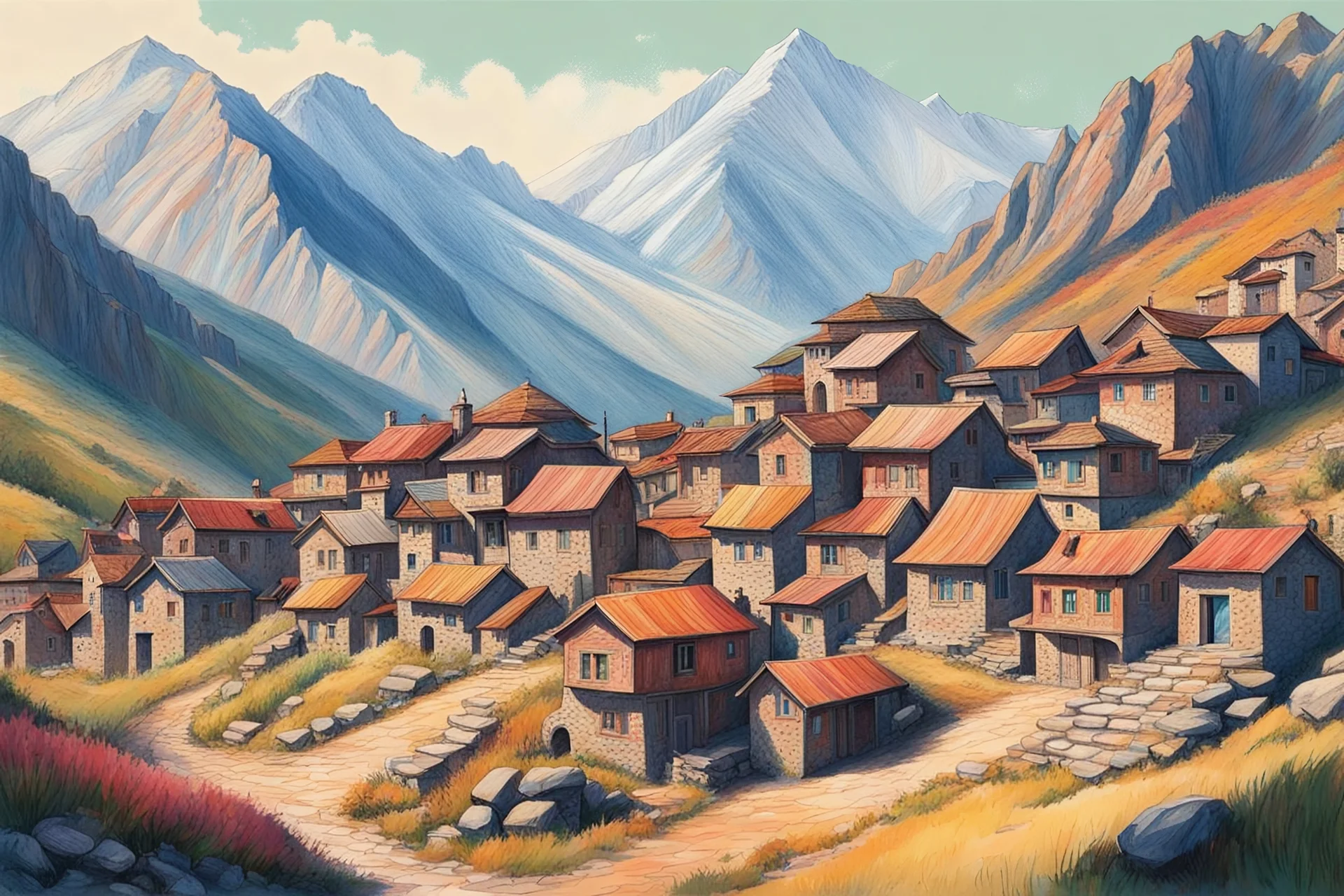 colour DRAW mountain VILLAGE consist big dagestan HOuses
