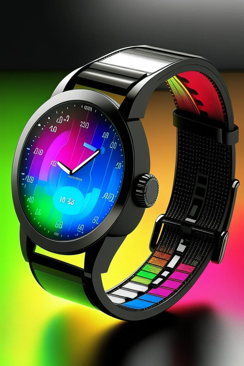 "Design an image featuring a high-tech smartwatch with a holographic display that projects a beautiful, ever-changing rainbow."