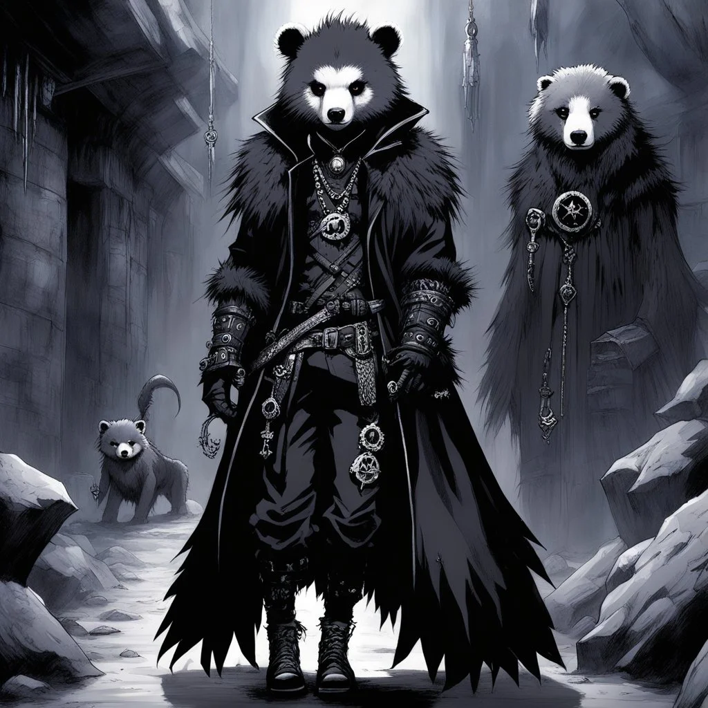 funky manga art of fashion, punkrock, future illustration: quaggoths are formidable inhabitants of the underground realms. Living in underground lairs, quaggoths navigate the dark and treacherous environments of the Underdark with primal instincts and savage prowess. Their furry, bear-like appearance belies their cunning and ferocity, making them both fearsome adversaries and intriguing subjects of study for adventure