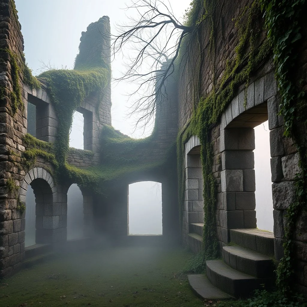 Award-winning fine art architectural photography of ancient ruins partially reclaimed by nature, vines and moss covering stone structures, soft morning fog, balanced composition, natural cinematic lighting, medium format capture, ultra realistic, masterpiece 64k