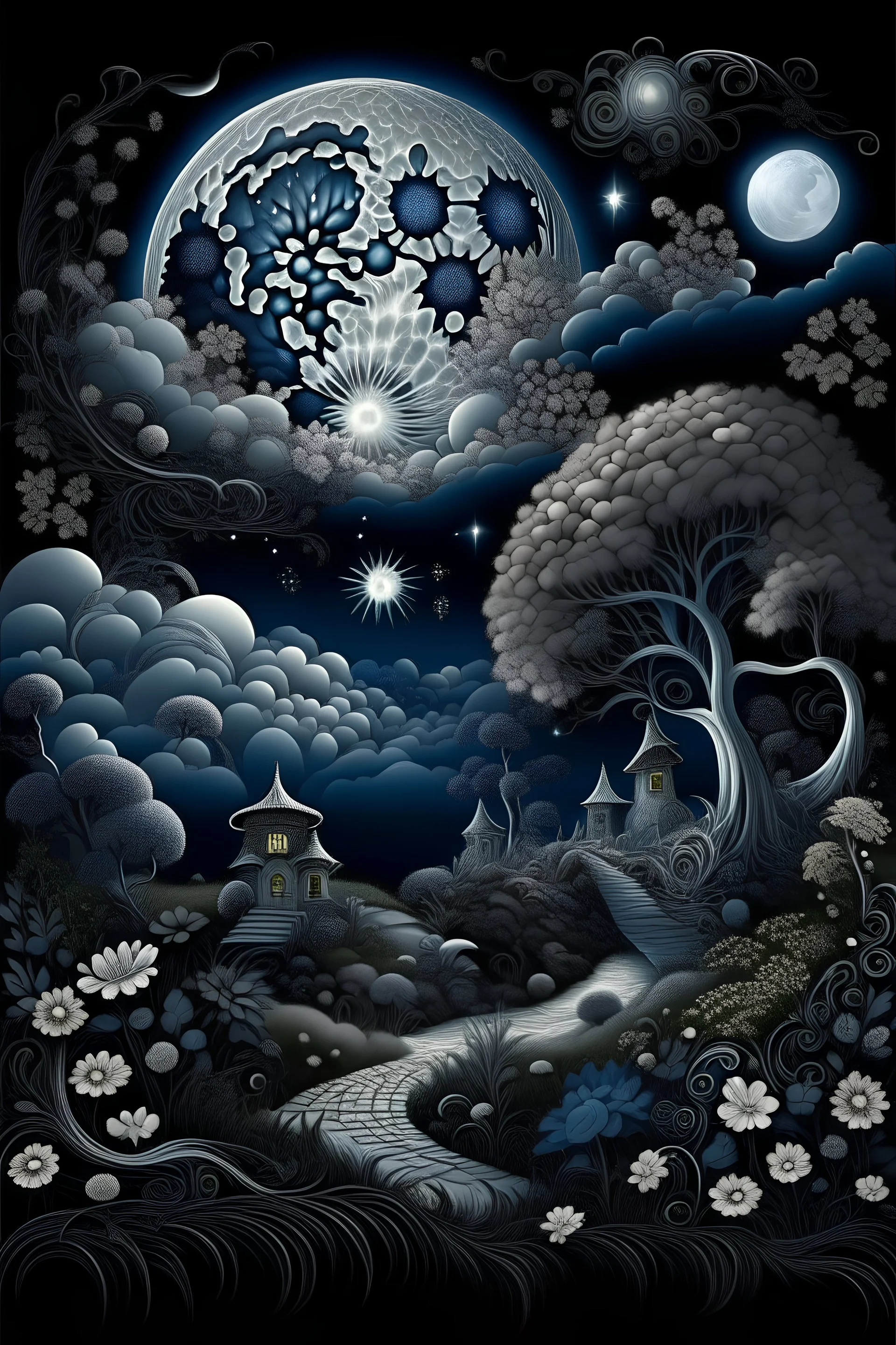 magic white silver landscape,night clouds,fairy-tale daisy house,stone path,layered trees with curlicues,fluffy flowers white voluminous daisies,radiance glow from inside op-art,black night,silver luminous full moon,curly clouds,silver stars,mysticism,fractals,grotesque,silver black,dark blue suspension,filigree drawing with ink and markers,airbrush,art nouveau,dark fantasy,dark botanical,color correction,volume,gloss,hyperrealism