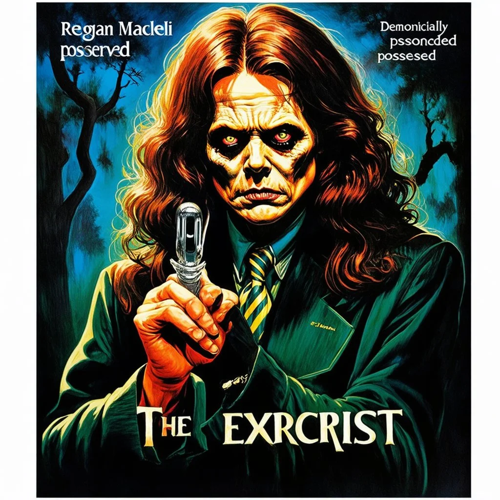 demonically possessed Regan MacNeil, The Exorcist poster art, by Wes Benscoter, by John Romita Jr, by Drew Struzan, horror poster, ultra detailed, cinematic lighting, epic masterpiece, colorful 70's horror aesthetic