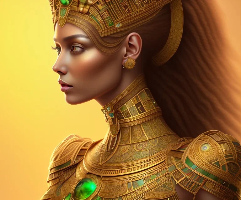 Beautiful brown pharaonic queen, golden and green pharaonic dress, clear, clear features, too many details, 4k, 8k, portrait