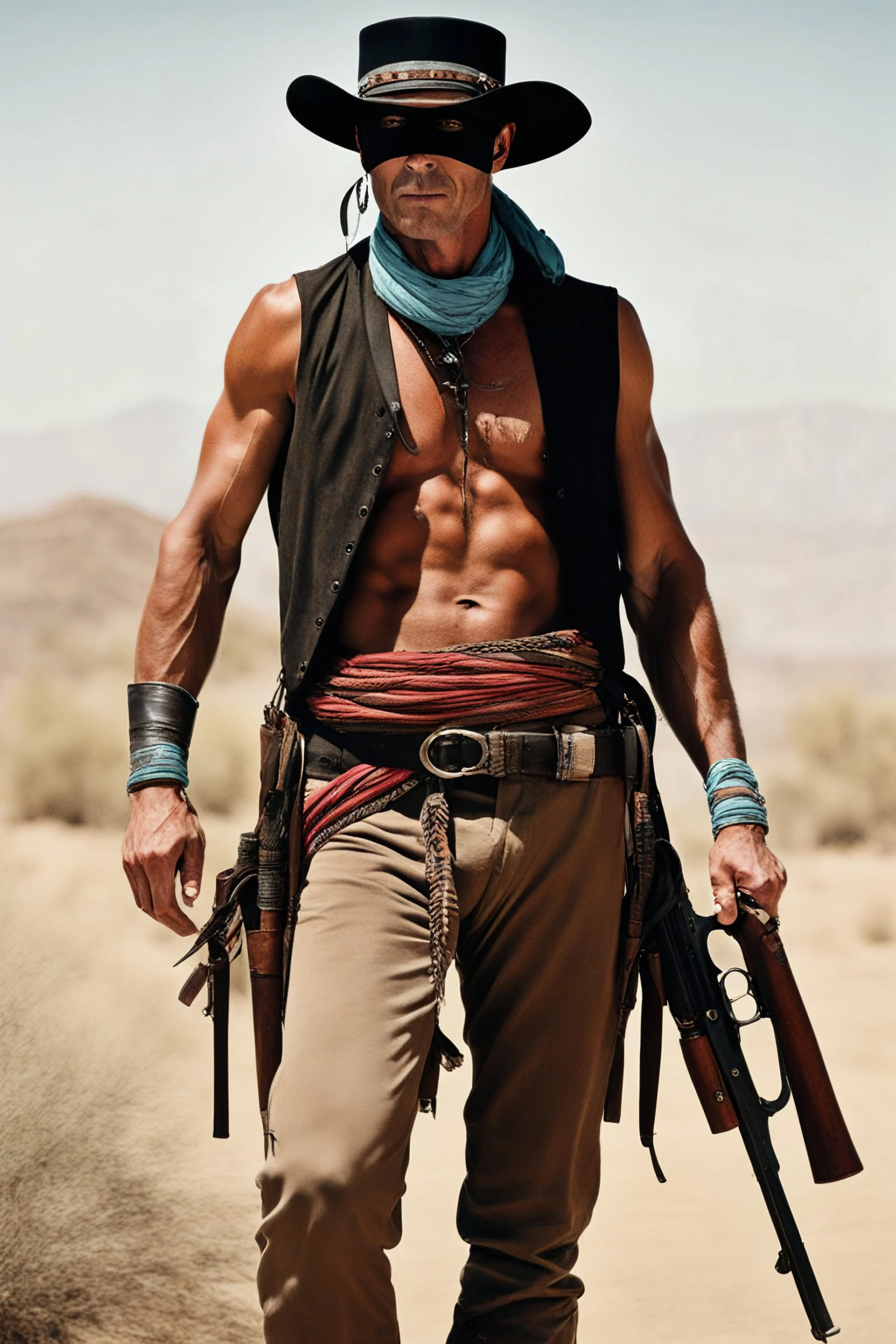 Full Color - Extremely muscular John Reid aka the LONE RANGER, extremely over exaggerated muscles, short, dark, crew-cut hair, large, curved down nose, large square chin, dark, intense eyes, light blue, skintight, formfitting cotton jumpsuit, red kerchief bandana, black venetian mask, double holstered utility belt, two Colt 45 caliber pistols, knee-high cowboy boo