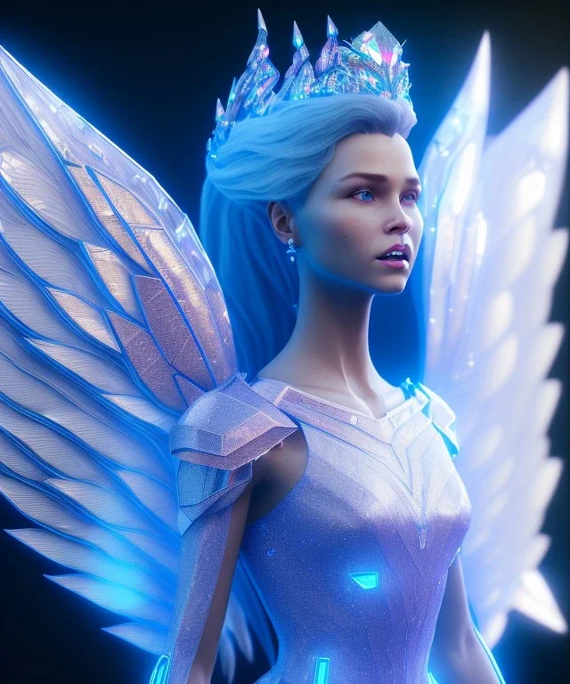 A crystalised queen, atmospheric, realistic, unreal engine, cinematic lighting, octane render. blue, pink, transparency, light, shine,bright, full body, transparent wings, blonde, long hair, nice smile