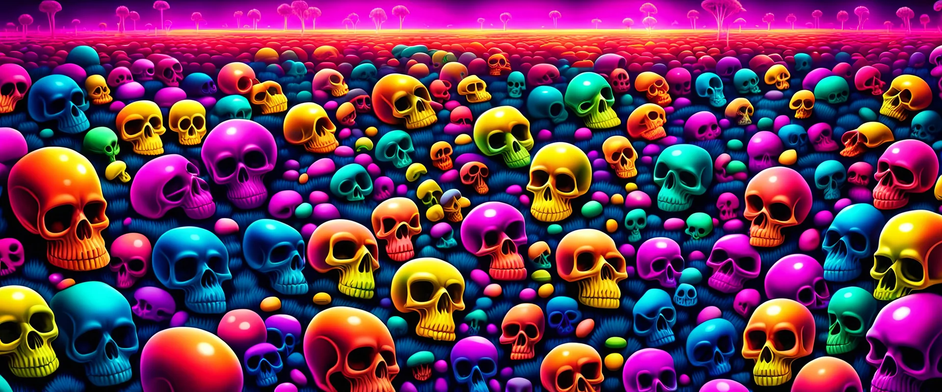 a field of 1000s of psychedelic psilocybin induced anatomically correct, skulls, vivid RANDOM BRIGHT neon colors, dark comedy, well lit, high detail, photorealistic, horrorcore, fun, scary, none featured, each a different color or hue, close to anatomically correct