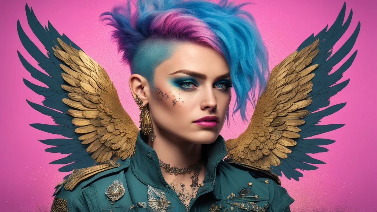 beautiful Punk woman Angel 30 years old, military clothing, mystical, bright colors, creative hairstyle, tattoo, piercing, photorealistic image, military, camouflage clothing, gold, blue background, sparkles, pink, fine rendering, high detail, 8K