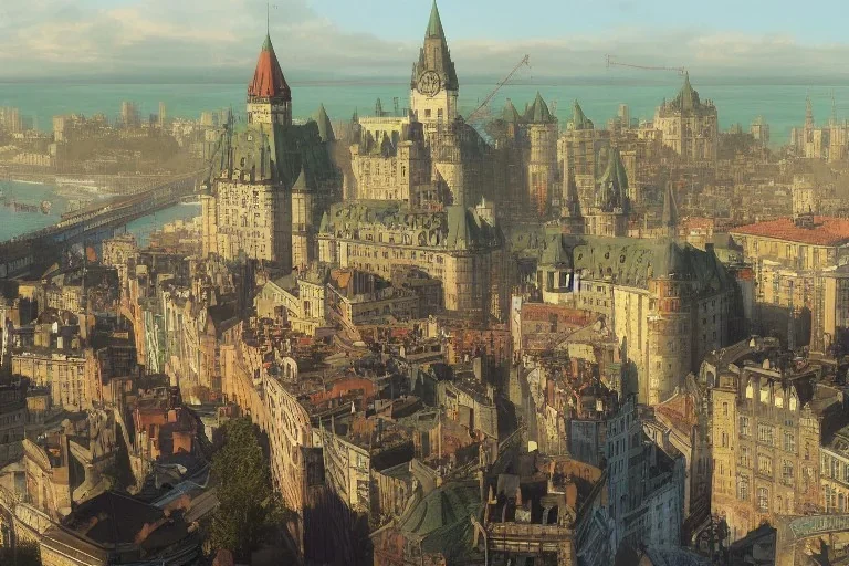 Quebec city+Livorno canal+bridges+corner building on hill+Gothic city+BioShock+Dishonored+Bloodborne +trieste+Edinburgh+Chicago+victorian London+decòpunk Skyscraper+ +steampunk+biopunk+alphonse mucha, greg rutkowski,matte painting, cryengine, hyper detailed, felix kelly, fantasy art, seb mckinnon