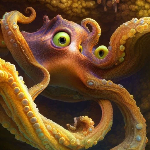 pixar style, volumetric sunken temple environment and background, realistic painting of a octopus, looking excited, detailed digital painting, extreme dense and fine fur, anime, ornate, colour-washed colors, elegant, small minutiae, tiny features, particulars, centered, smooth, sharp focus, renderman gofur render, 8k, uhd, detailed eyes, realistic shaded volumetric lighting, sunlight caustics, backlight, centered camera view